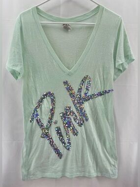 PINK Victoria's Secret Mint V-Neck Tee with Multicolor Sequin Logo Size Large